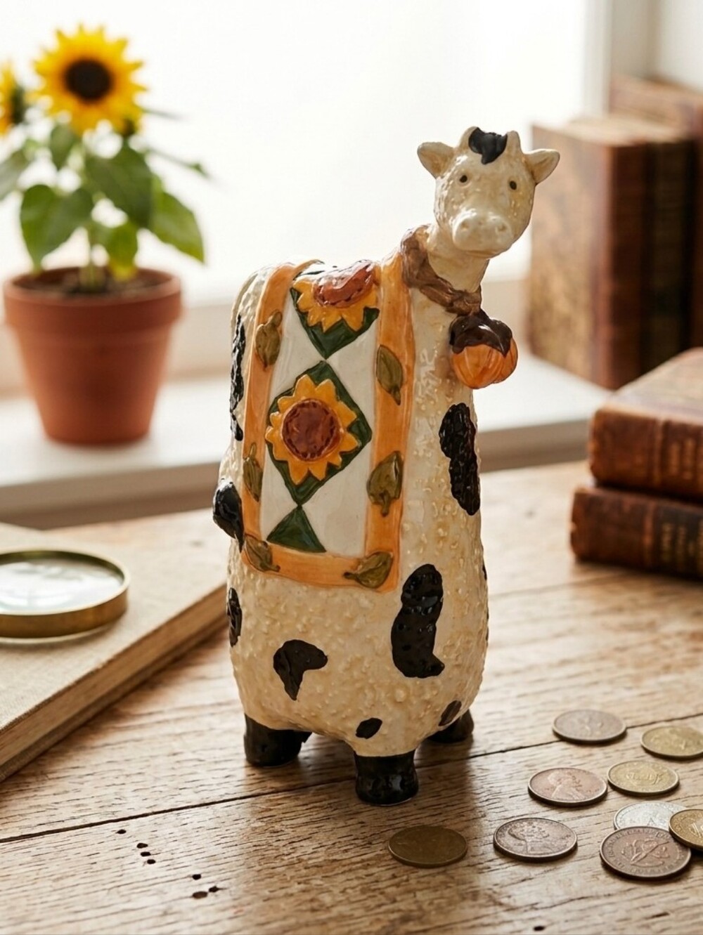 Ceramic Whimsical Cow Piggy Bank Handpainted Vintage